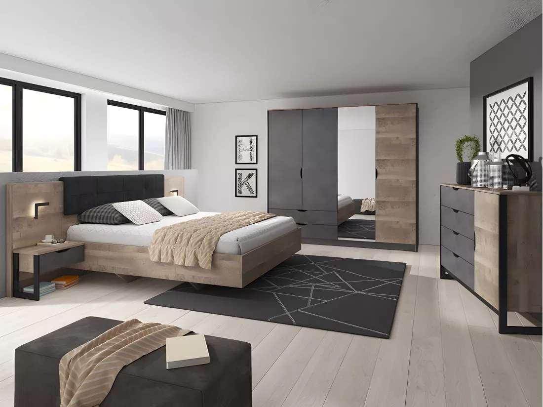 Lit avec chevets 160 x 200 cm - Avec LEDs - Coloris : Naturel et anthracite + Sommier - LAONILE