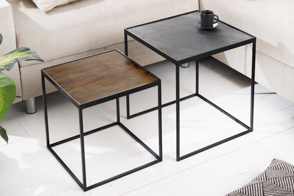 Industrial 2er-Set Couchtische FIRE & EARTH 45cm Mangoholz massiv Schiefer Metall schwarz