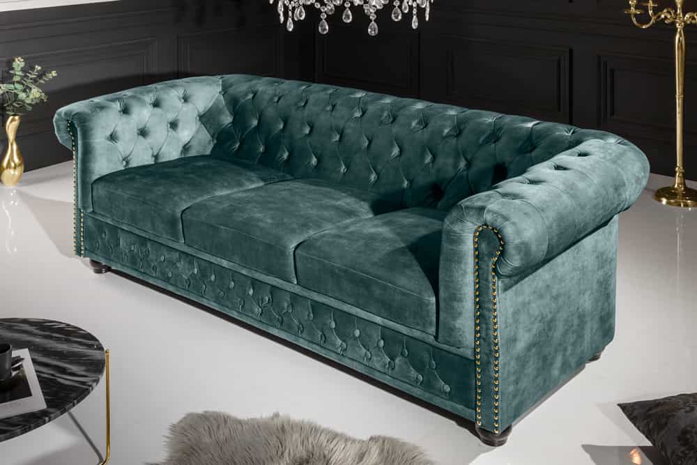 Chesterfield 3-Sitzer Sofa 205cm petrol Samt Federkern Goldnieten Knopfheftung