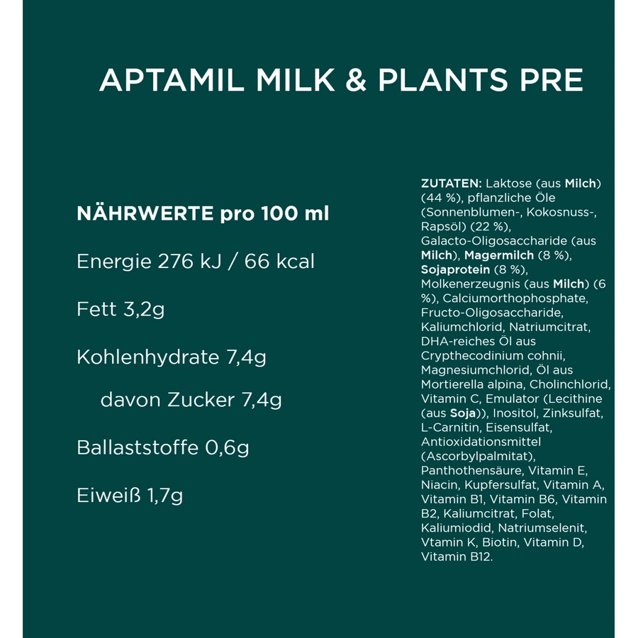 Aptamil Anfangsnahrung Pre Milk & Plants 4x 800 g von Geburt an