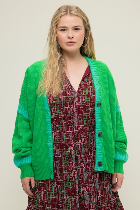 Strickjacke, oversized, Color-Akzente, V-Ausschnitt, Ballon-Langarm