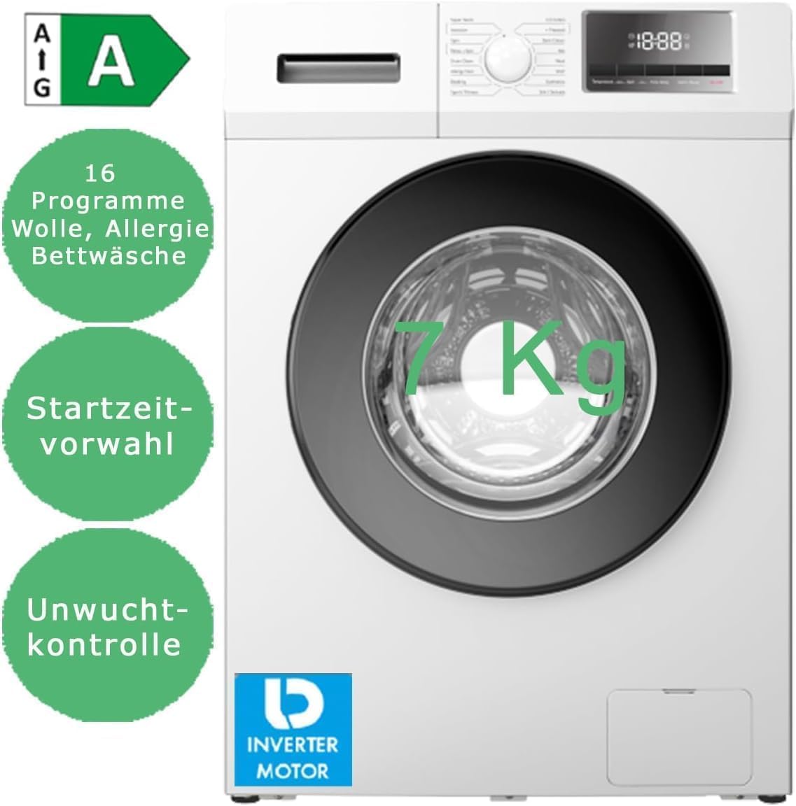 PKM WA7-ES1416DAI Waschmaschine 7 Kg | Frontlader | 1400 U/Min | BLDC Motor | 16 Programme | Eco Funktion 40-60 | Startzeitvorwahl bis zu 24 Stunden | Umwuchtkontrolle | Energieeffizienzklasse A