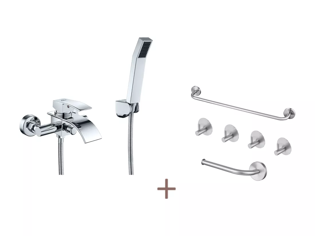 Auralum max Mitigeur de Baignoire en Cascade avec Pommeau de douche Economie d'eau,Laiton,Chrome+Ensemble Salle Bain Accessoire 6 Pièces,Inox,Brossé