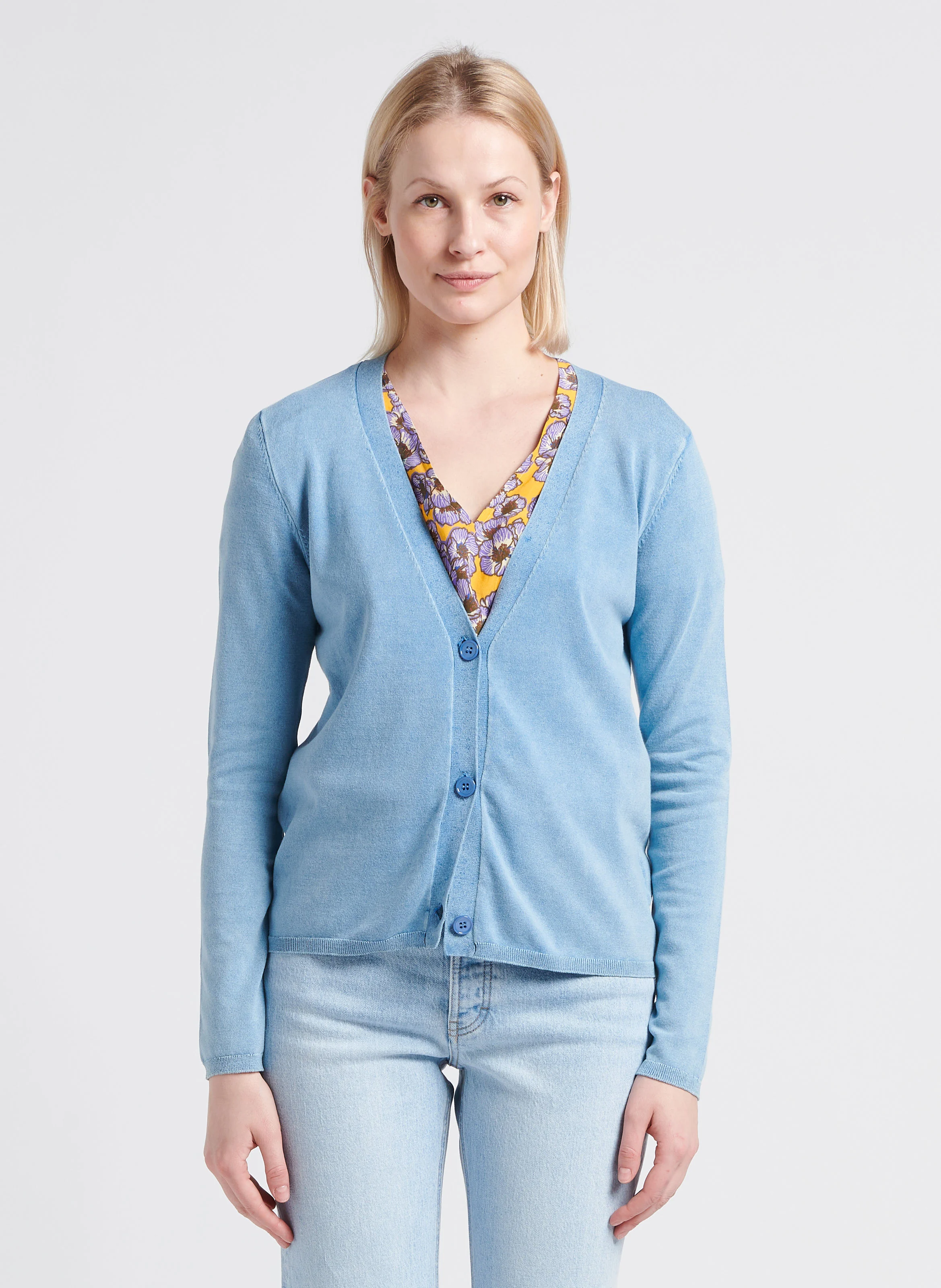 Cardigan col V en maille fine | Bleu