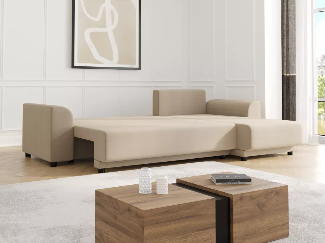 Canapé d'angle convertible et réversible en tissu beige NESSARO