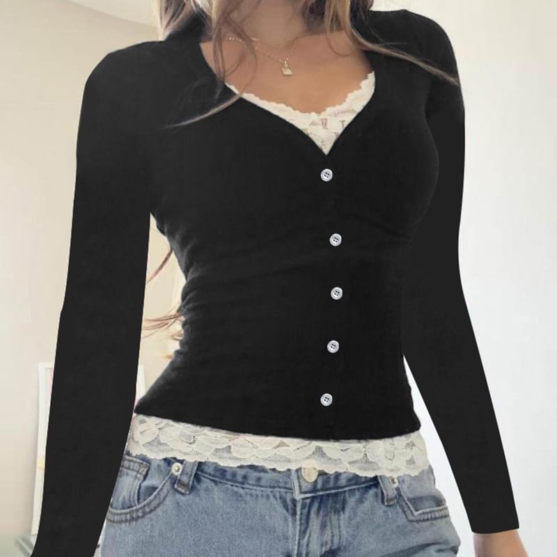 Sosana - Geribbelde crop top met lange mouwen en kantpaneel