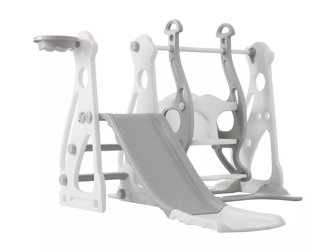 Toboggan pour enfants 4 en 1 - Convient pour l'intérieur et l'extérieur - avec balançoire, cadre de basket, toboggan, échelle - Gris