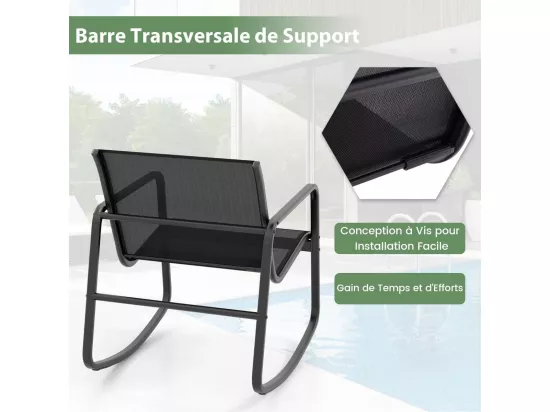 Salon de Jardin 3 Pièces avec Chaises à Bascule Table en Verre, Ensemble de Meuble Extérieur 2 Fauteuils Cadre Métallique Charge 150KG, pour Porche Bord de Piscine Balcon