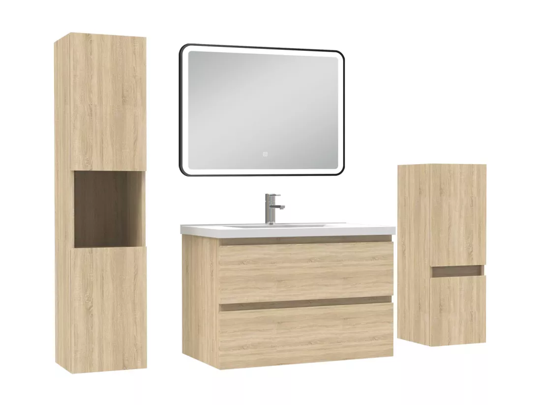Meuble salle de Bain 80cm avec colonne + miroir mural lumineux 3 couleurs Chêne Wotan