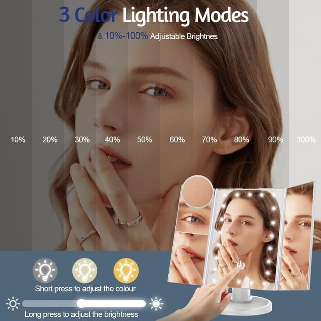 3-sidet sammenfoldelig makeup spejl, der kan dæmpes lys 22LED bordspejl