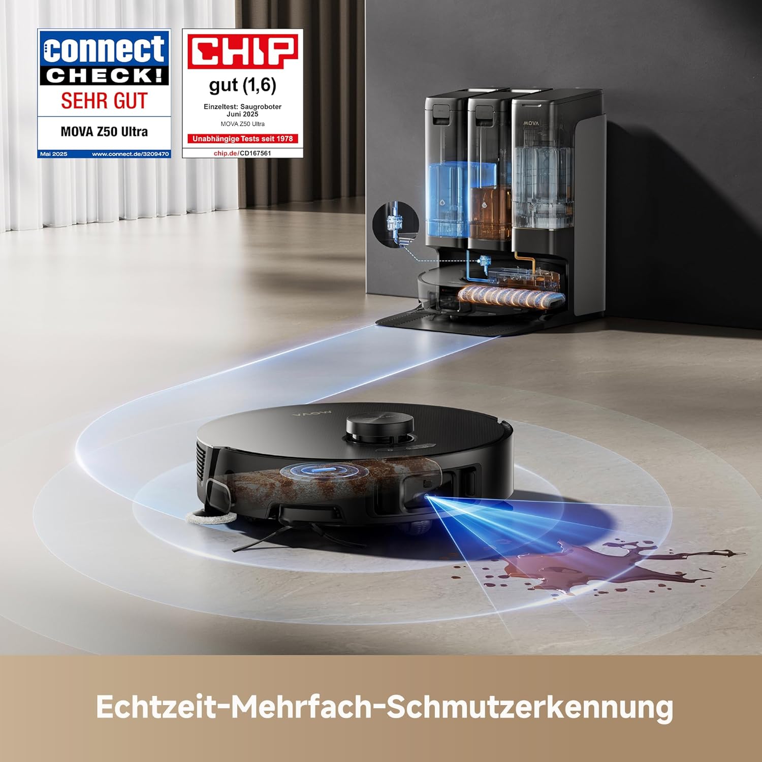 Mova Z50 Ultra saugroboter mit wischfunktion mit 19,000 Pa, 18N Abwärtsdruck, Lift-Mopp & Bürste, Tricut, DToF+RGB AI-Hindernisvermeidung, 75°C Heißwasser-Mopp, Selbstreinigend, Auto Entl./Nachfüll