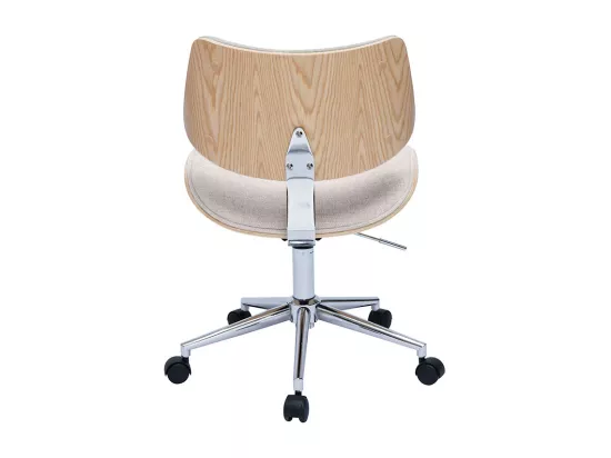 Chaise de bureau à roulettes design en tissu effet velours texturé beige, bois clair chêne et métal MALMO