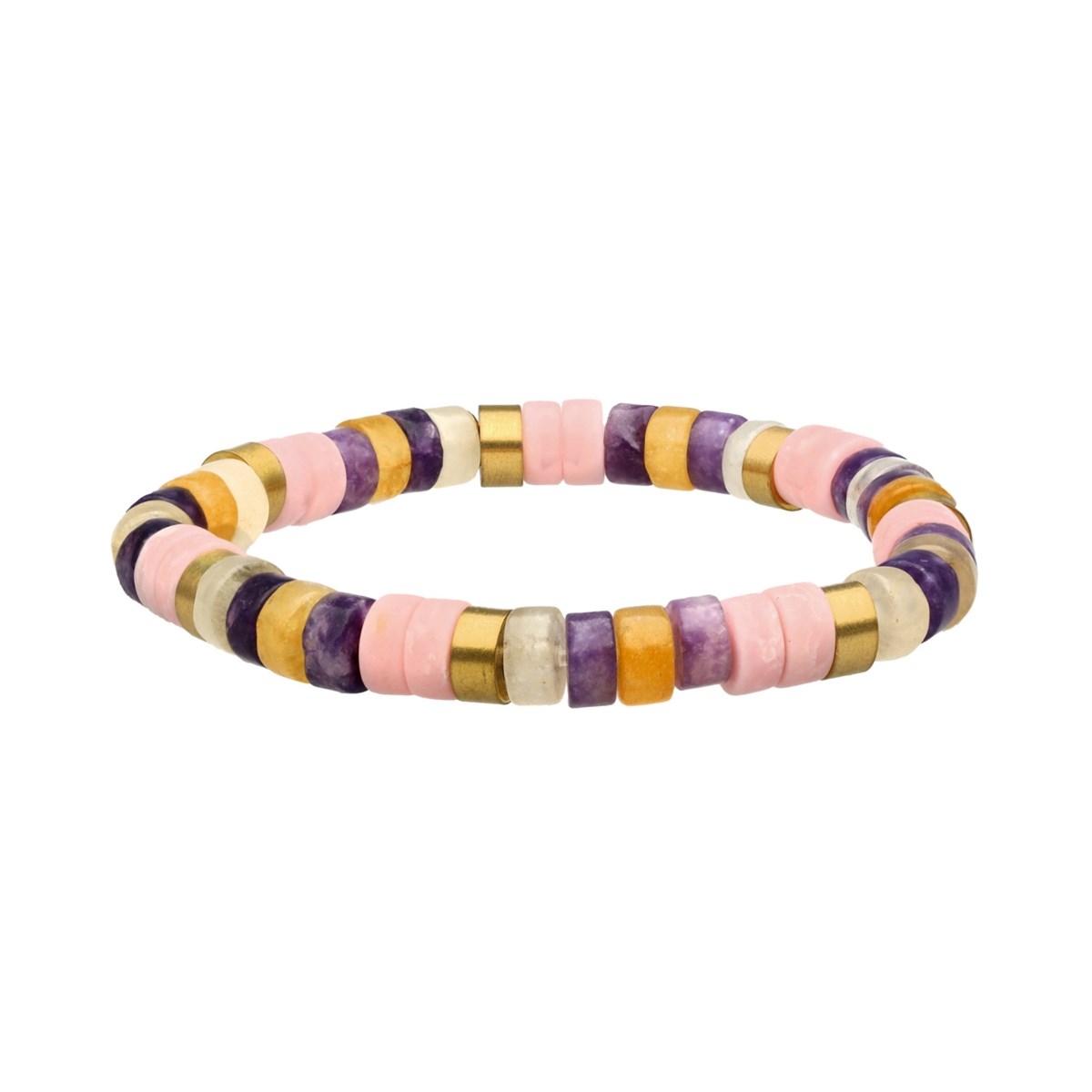 Bracelet Acier Perles Heishi 6mm Pierre Opale Rose Améthyste Et Aventurine Jaune-Small-16cm