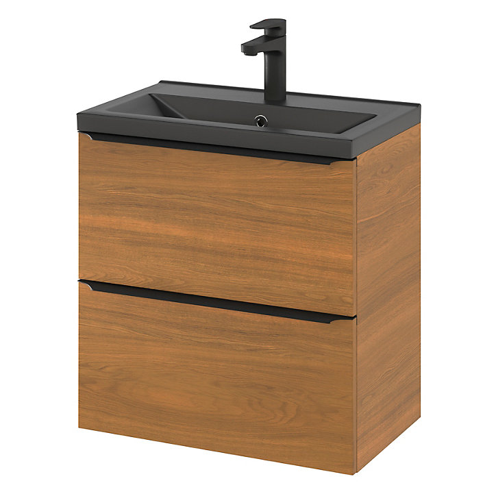 Ensemble salle de bains l.60 cm meuble à suspendre faible profondeur Imandra décor noyer + plan vasque céramique noir