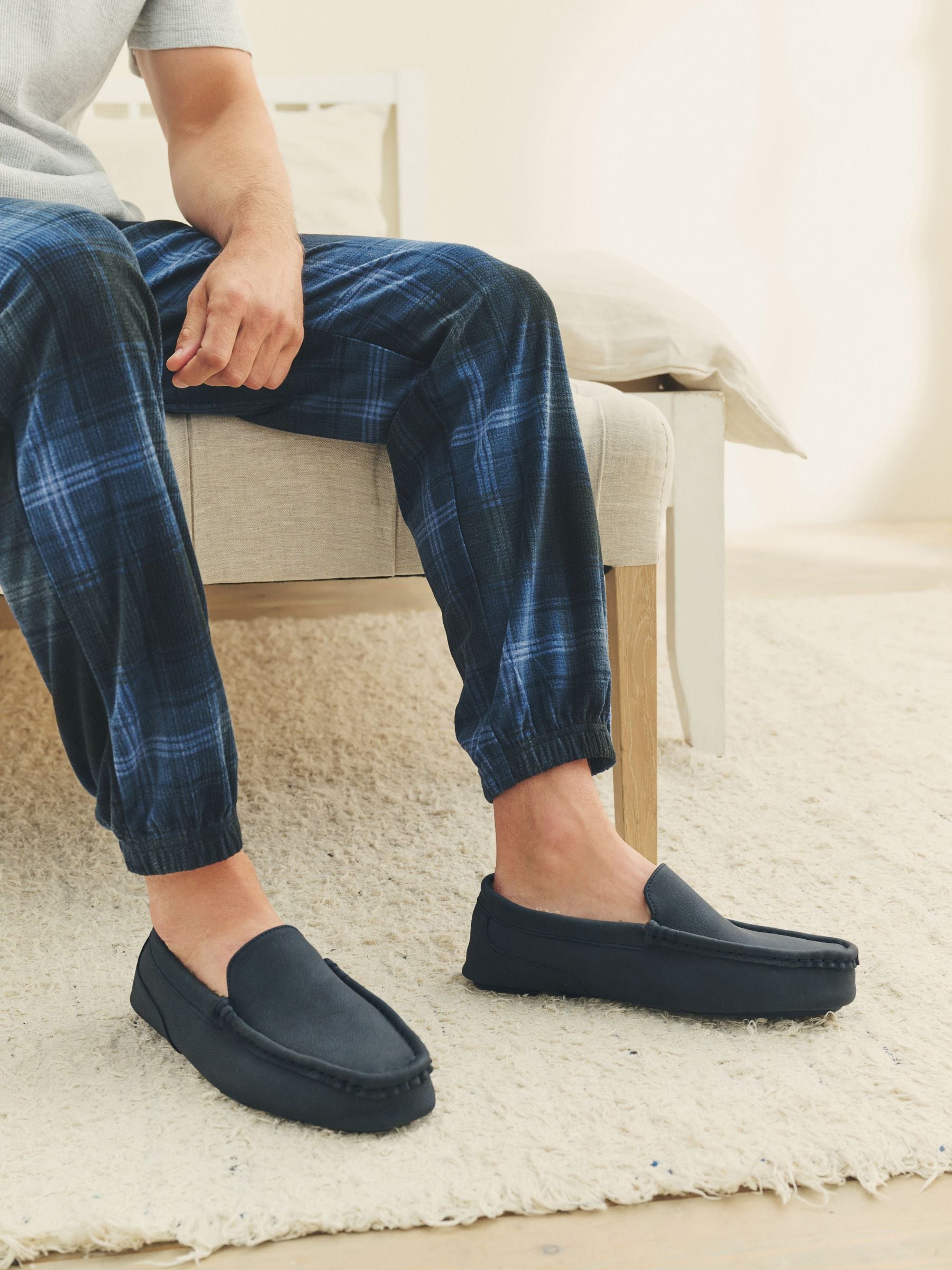 Donkerblauw - Moccasinpantoffels met voering van imitatiebont