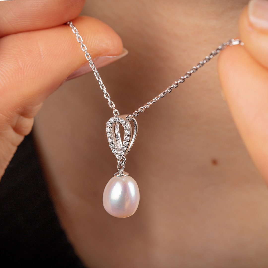 Collier mit Anhänger 925 Silber rhodiniert mit Kunstperle und Zirkonia