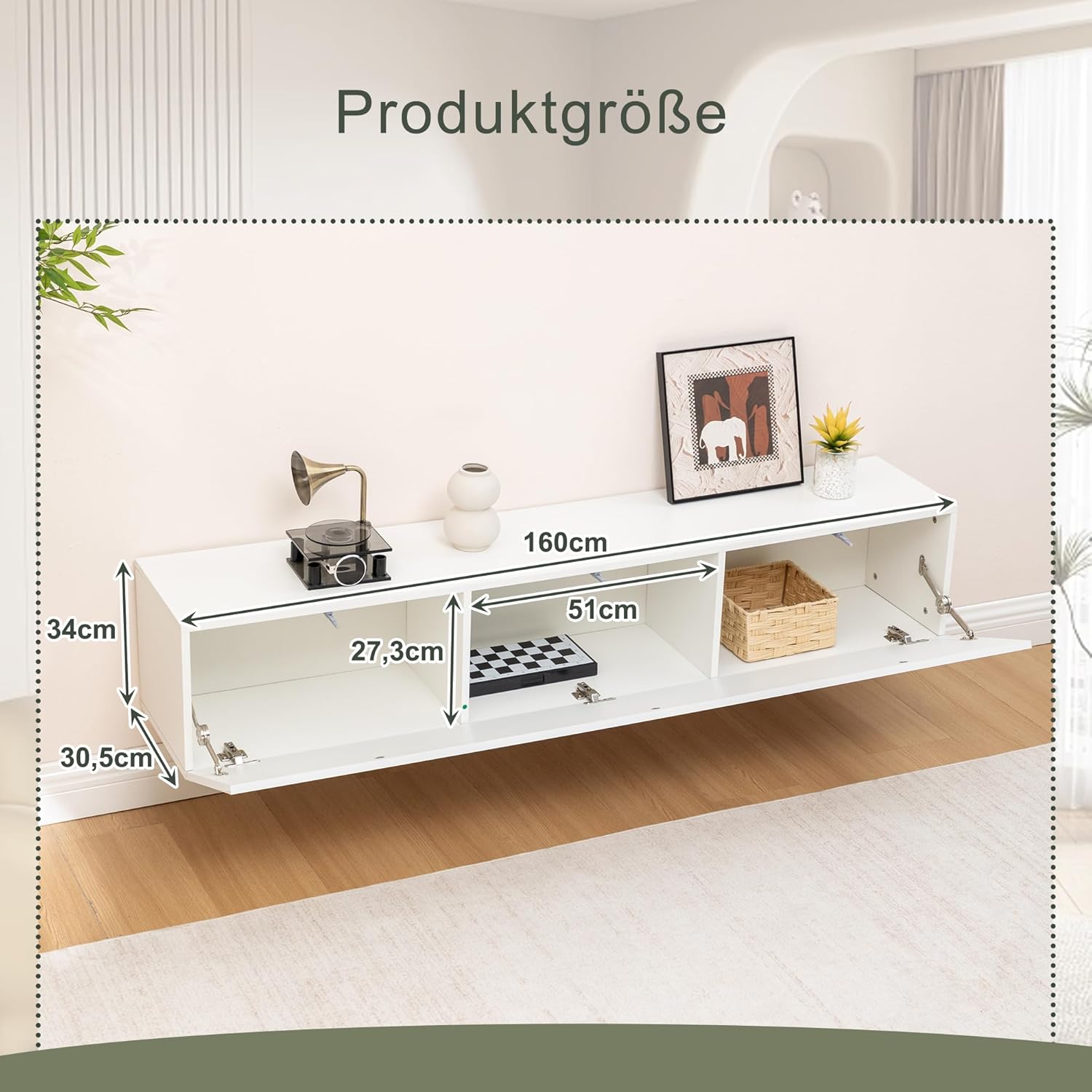 TV Schrank, Lowboard Fernsehschrank TV Schrank Hängend 160x30,5x34cm, Weiß