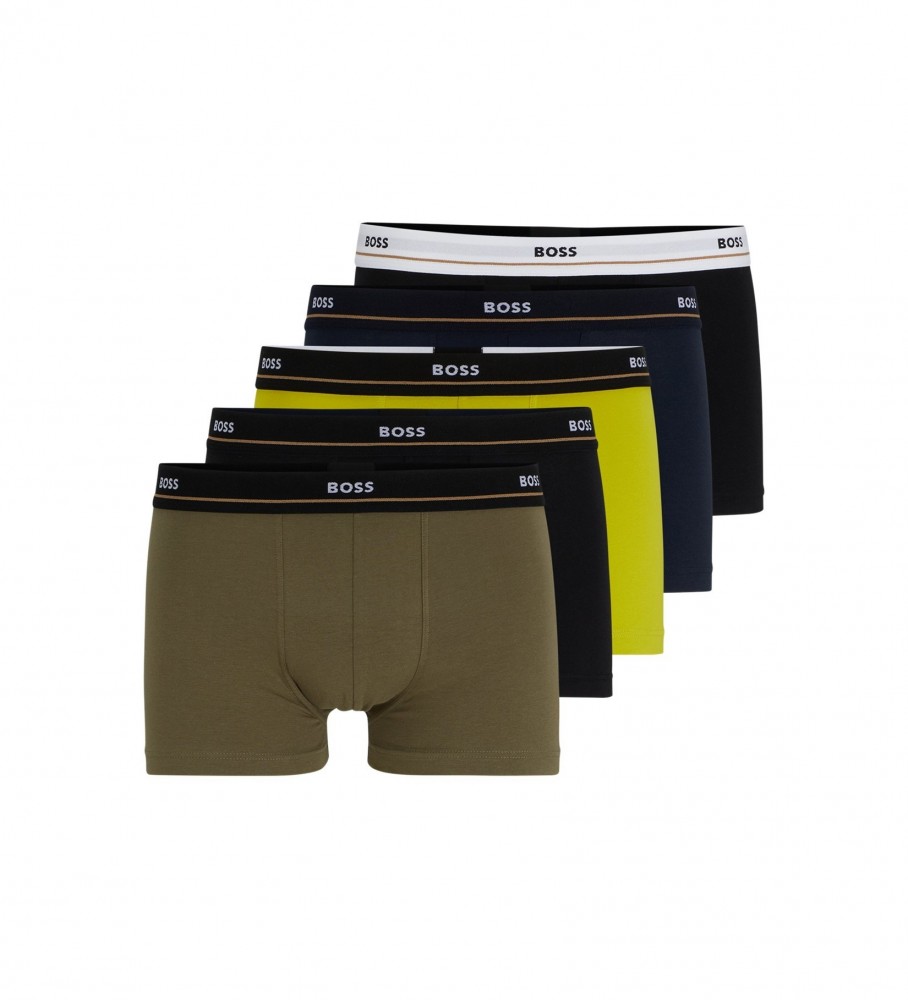 Cuecas Boxer BOSS, pacote com 5 unidades, nas cores verde, preta, azul-marinho e amarela.