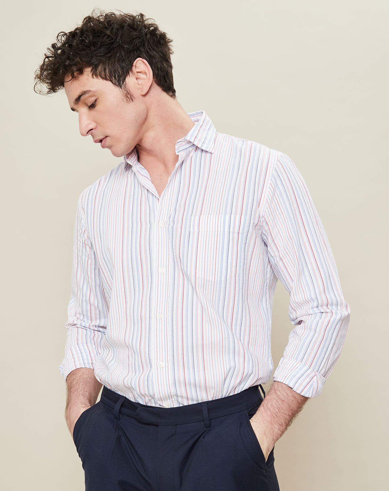 Hartford Chemise Regular Fit Paul à rayures gauffrées blanc/bleu/rouge