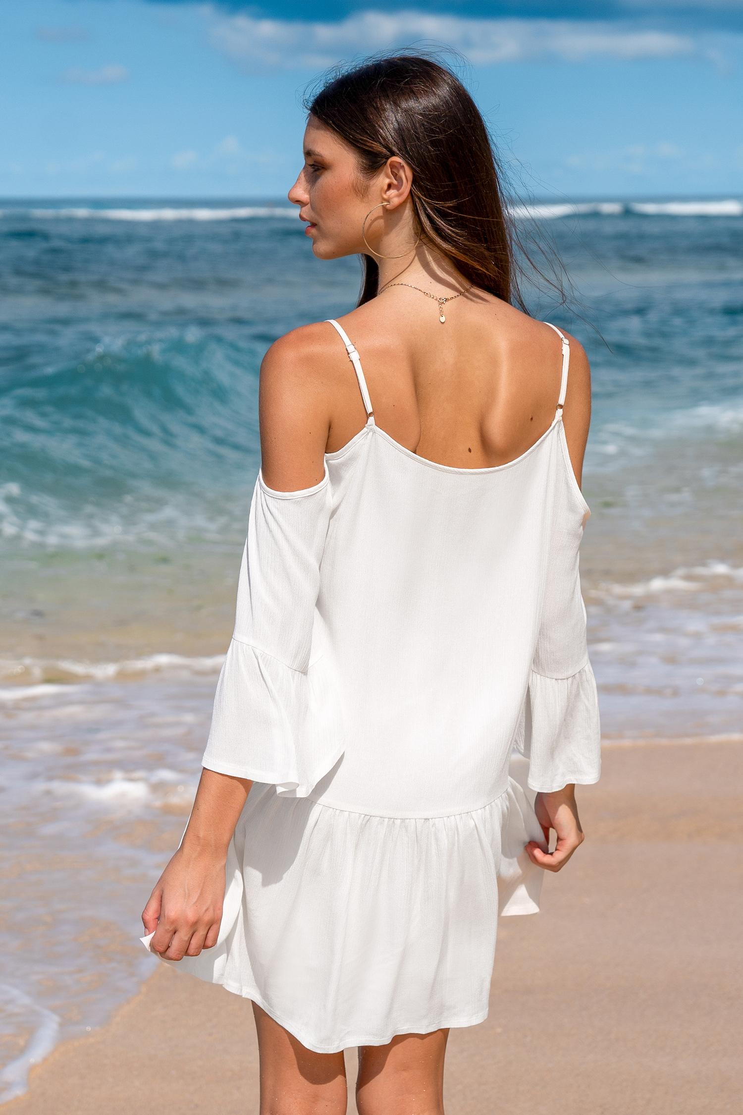 Robe mini avec col en V à lacer blanche