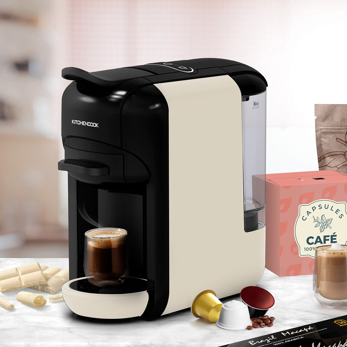 Kitchencook Machine à café multi dosettes et café moulu noir/crème