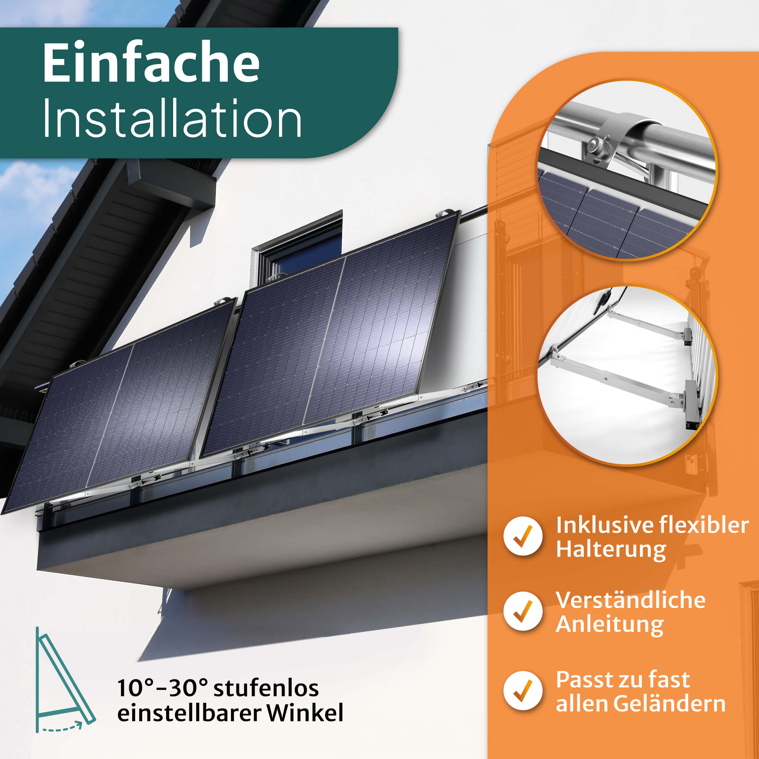 STROMGANZEINFACH 2x440W mit Geländer-Halterung - 15m Kabel Balkon-Solaranlage