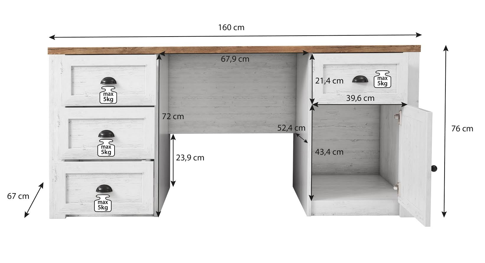 Meubella - Bureau Parello - Wit - Eiken - 160 cm