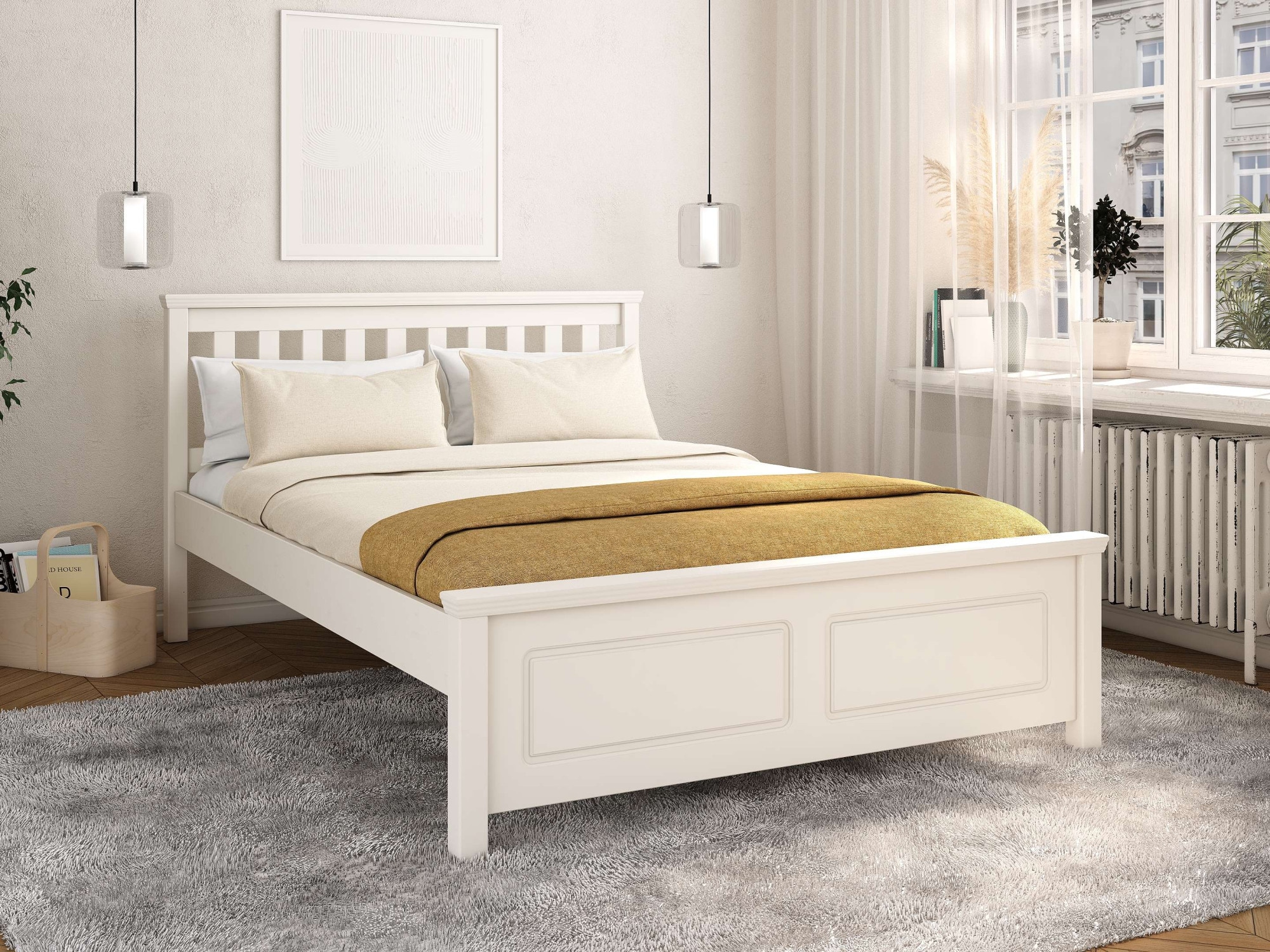 GOODproduct Bett »Fredegard, skandinavischer Stil, vielseitig kombinierbar, 2 Breiten« 180er oder 140er Breite,  teilmassiv, Sprossen am Kopfteil, mit Lattenrost, Kassettenoptik