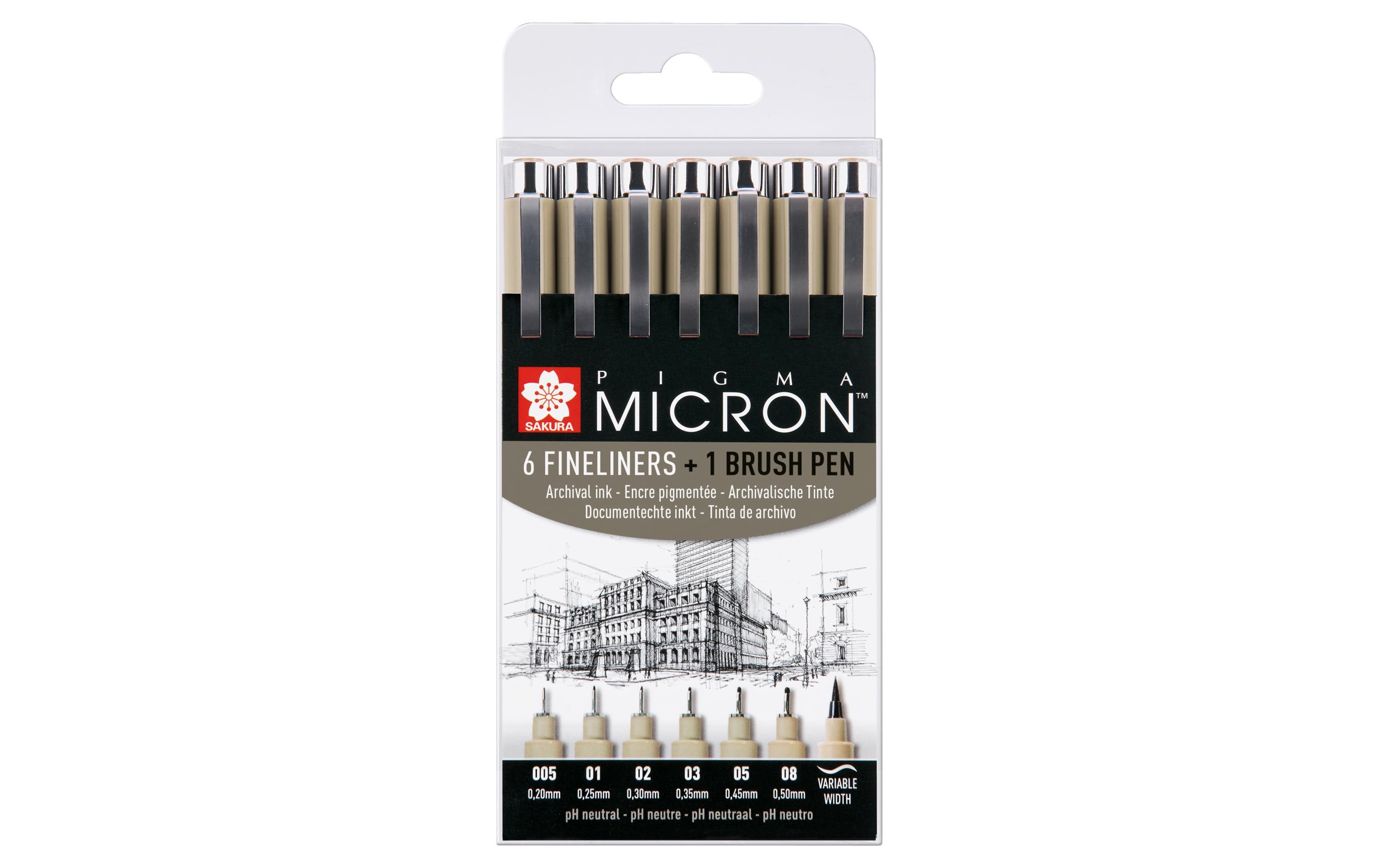 Fineliner Pigma Micron 6-teilig mit Brush PenWasserfeste Fineliner in 6 Grössen