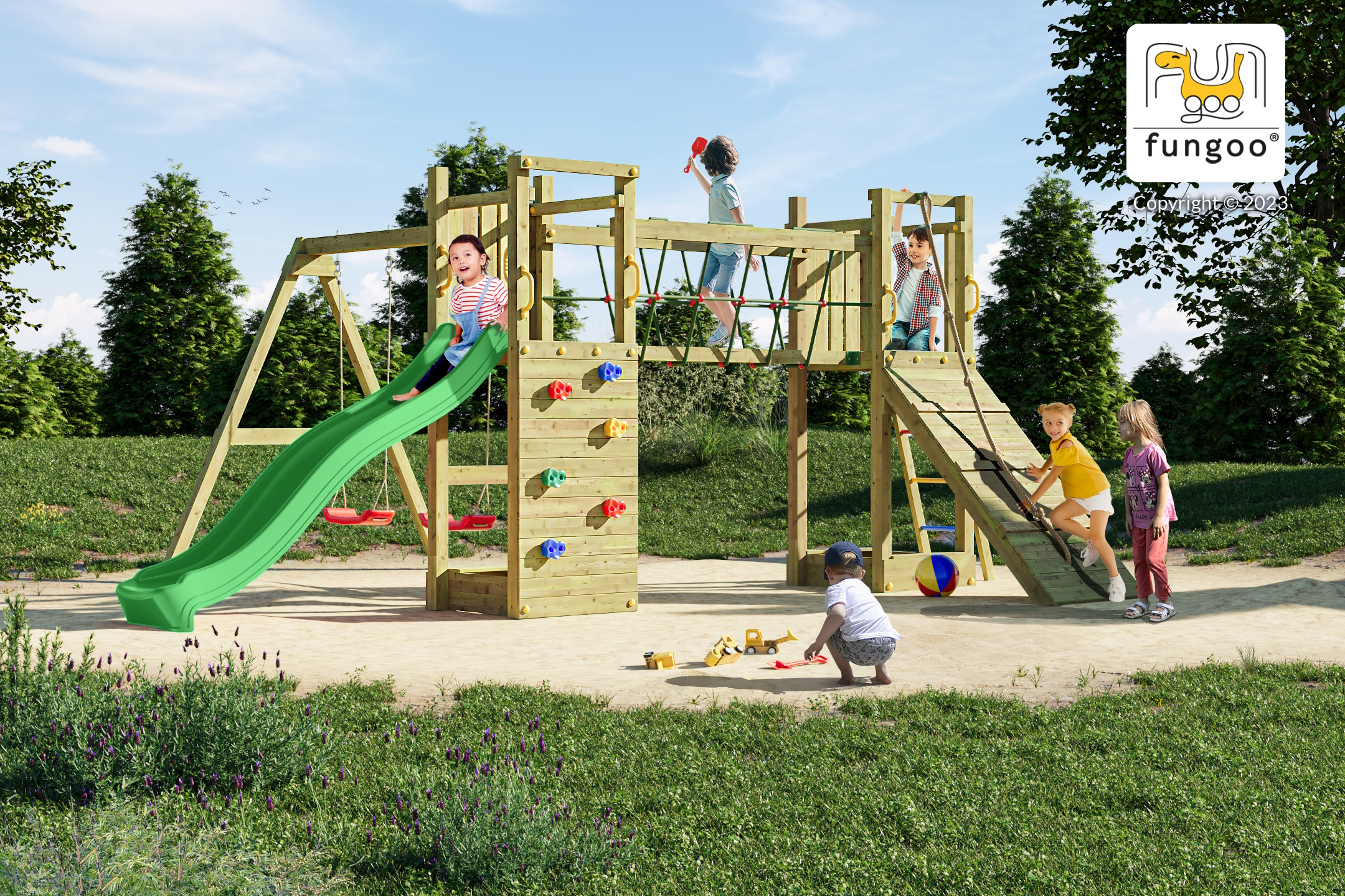 Aire de jeu fungoo funny maxi exposure avec pont et toboggan