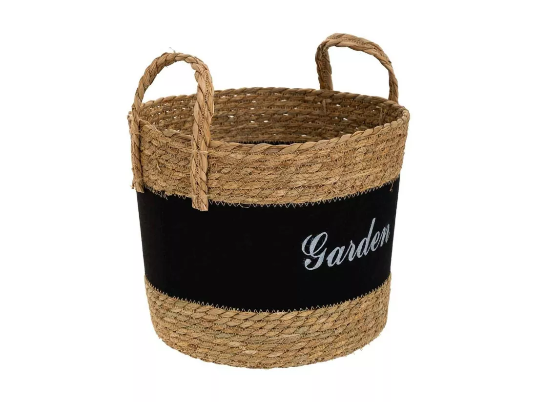 Panier en fibre naturelle et coton noir d31,5x25,5/33h