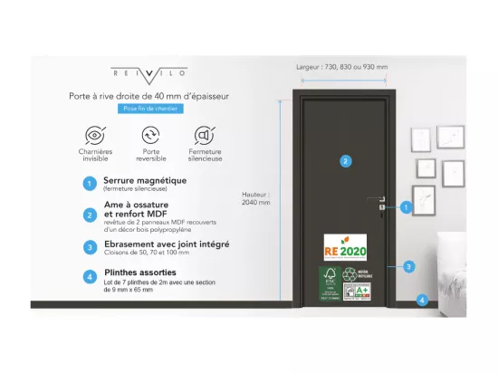 Bloc-porte pose fin de chantier collection Premium Miro avec poignée Exclusive noire, H.204 x l.93 cm, aspect chêne clair, réversible