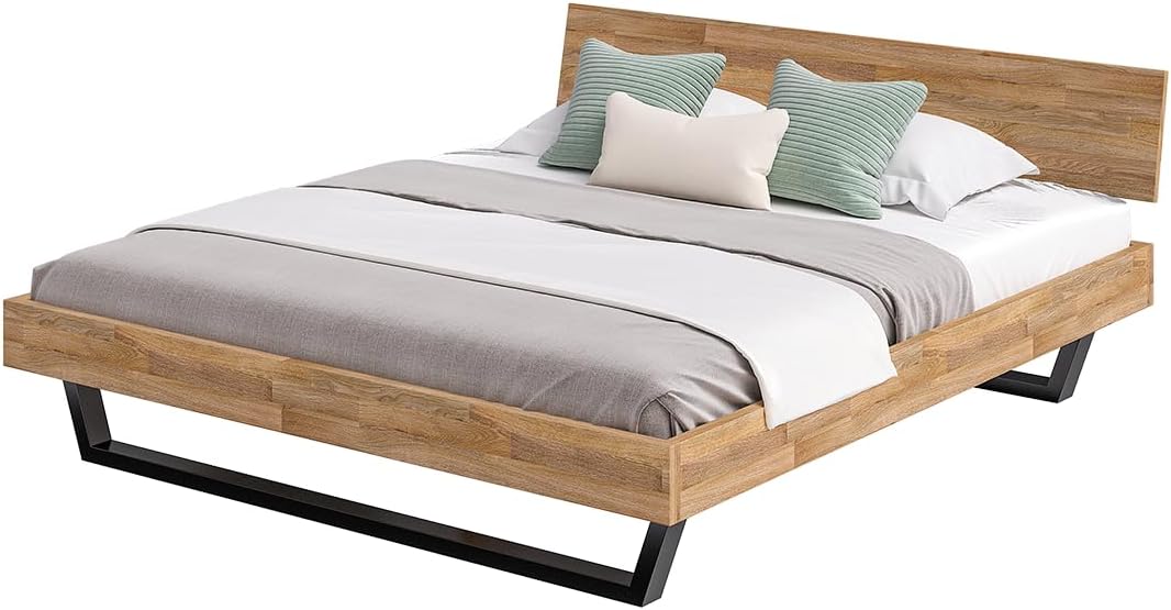 skølm Alver Massivholzbett 180x200 cm – Bettgestell aus Massivholz Eiche geölt – Holzbett mit schwarzen Metallkufen – hochwertiges Bett mit 1 Strebe als Bettkopf – Bettrahmen geeignet als Doppelbett