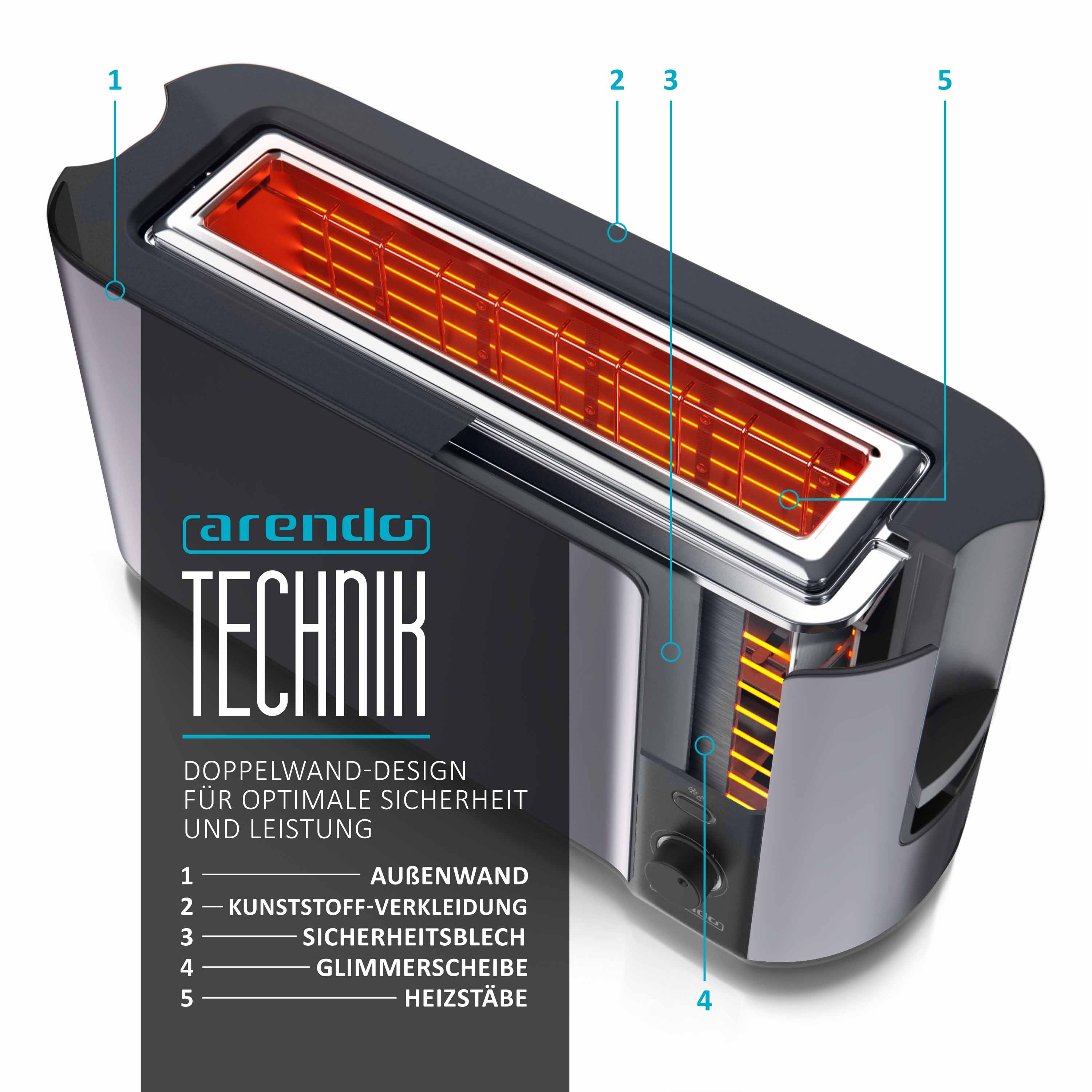 Arendo 1000 Watt Automatik Langschlitz Toaster, Display mit Restzeitanzeige, Auftaufunktion, Grau/Silber