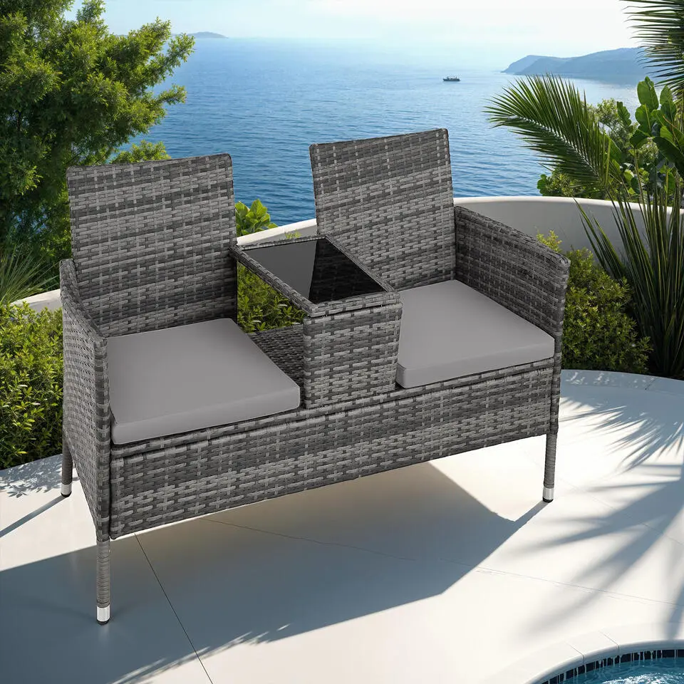 tectake Wicker tuinbank met tafel, Grijs/lichtgrijs