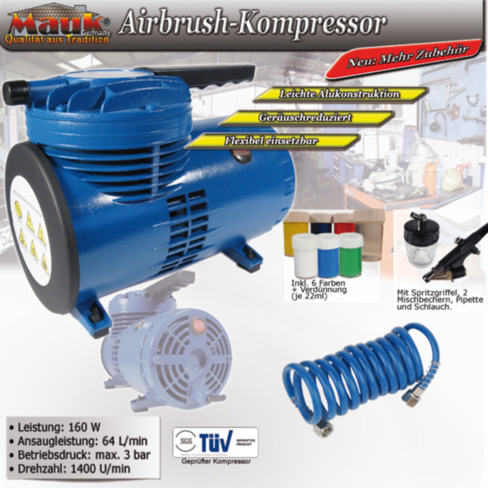 Mauk AirBrush Kompressor Set ölfrei inkl. Farbe und Farbpistole