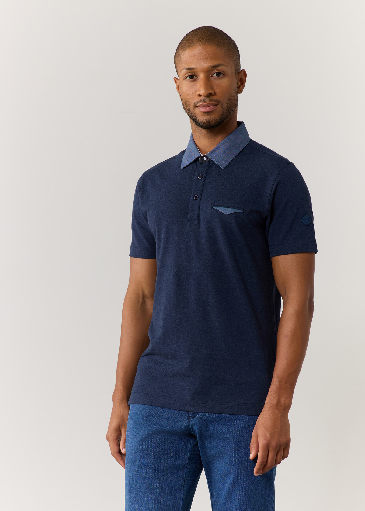 Polo manches courtes Slim en coton mélangé uni bleu jeans