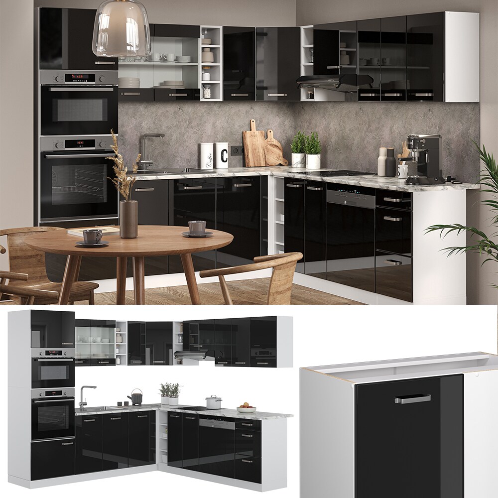 Vicco Eckküche R-Line Solid Weiß Schwarz 247x237 cm modern Küchenschränke Küchenmöbel