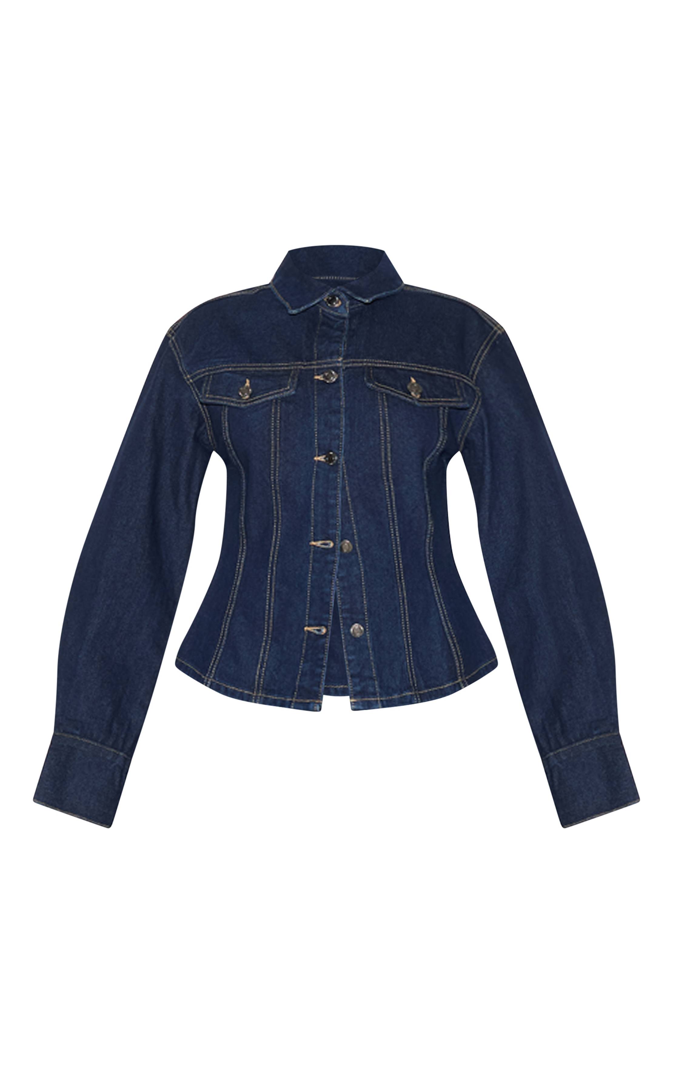 Bleu Indigo Veste En Jean À Manches Longues Avec Taille Cintrée