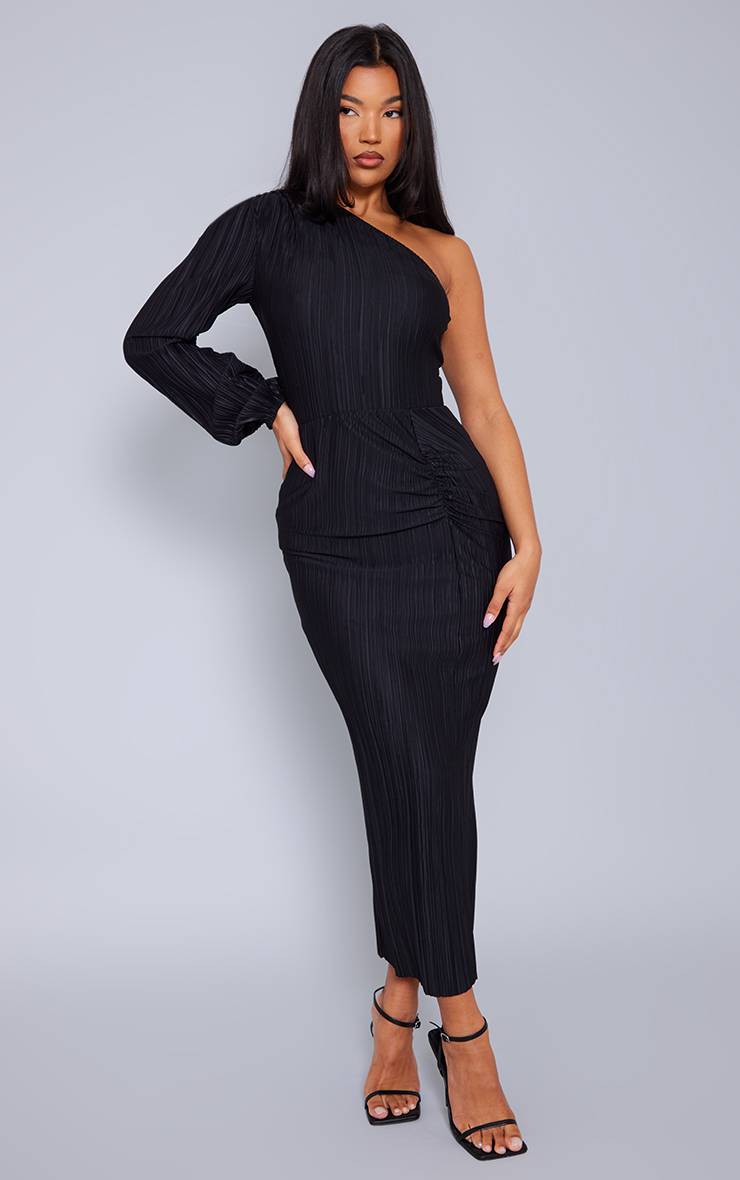 Noir Robe Mi-longue Plissée Asymétrique À Une Épaule Et Fronces