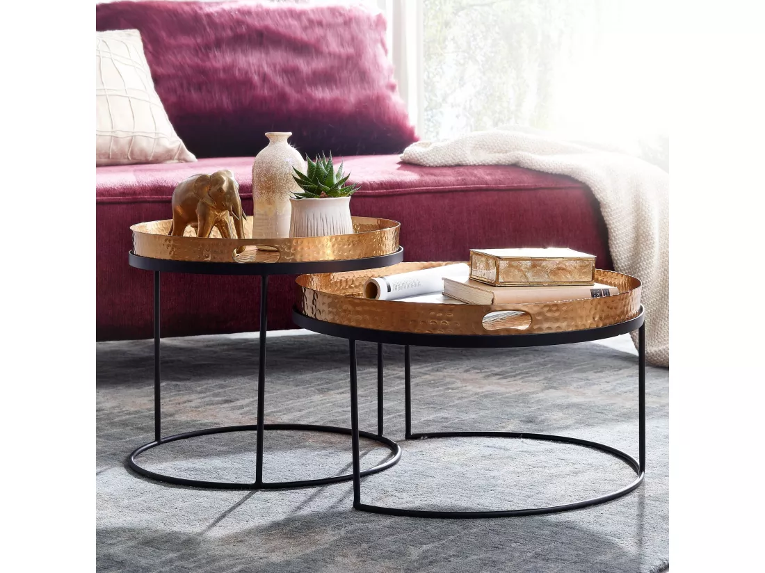 Lot de 2 tables basses gigognes en métal doré/noir finition martelée ronde / plateau amovible