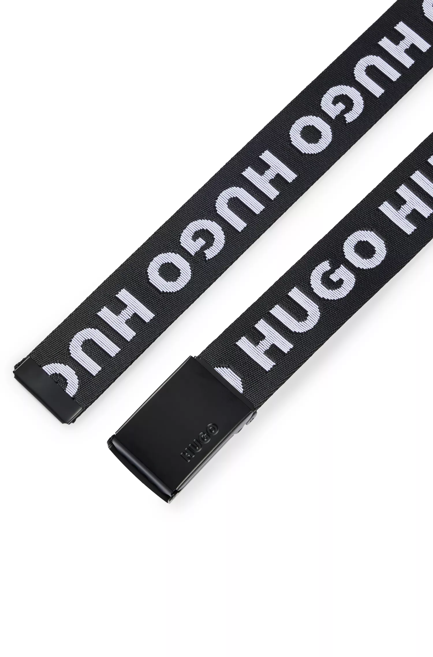 Cinto HUGO em tecido com logotipo vermelho e fivela com placa da marca.