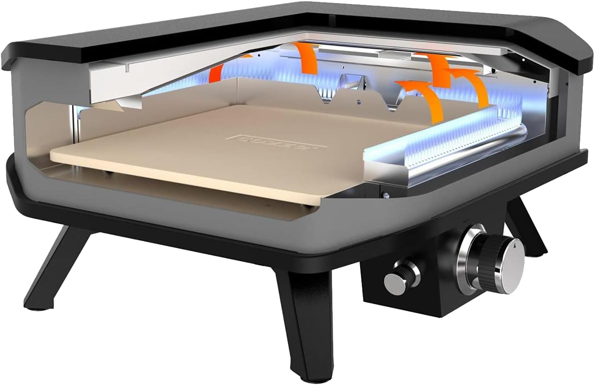 Cozze® 90349 13' Gas Pizza Ofen mit Thermometer mobiler Pizzaofen Pizzastein Gasgrill bis 400 degreeGrad regelbar mit 34x34 cm Pizzastein tragbar Terrasse Balkon, Schwarz