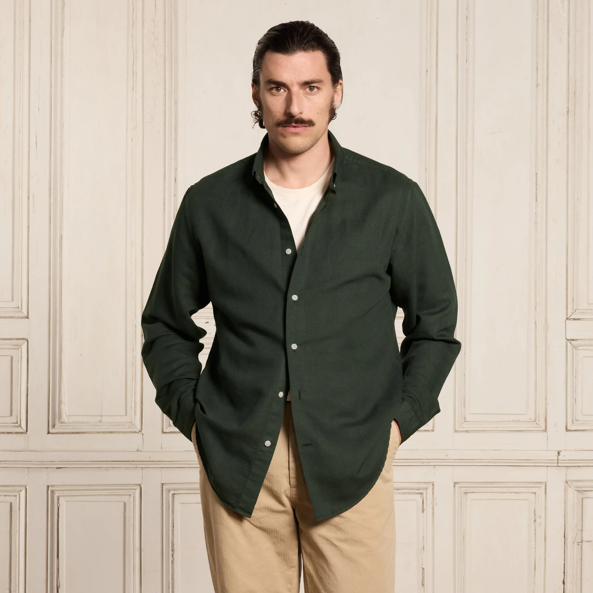 Forest green linen and cotton shirt