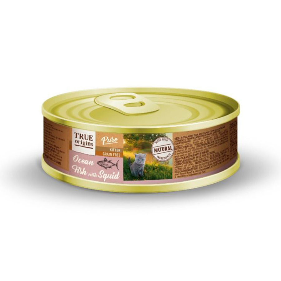 Patê de peixe e lula True Origins Pure Kitten em lata, 85g, para gatinhos.