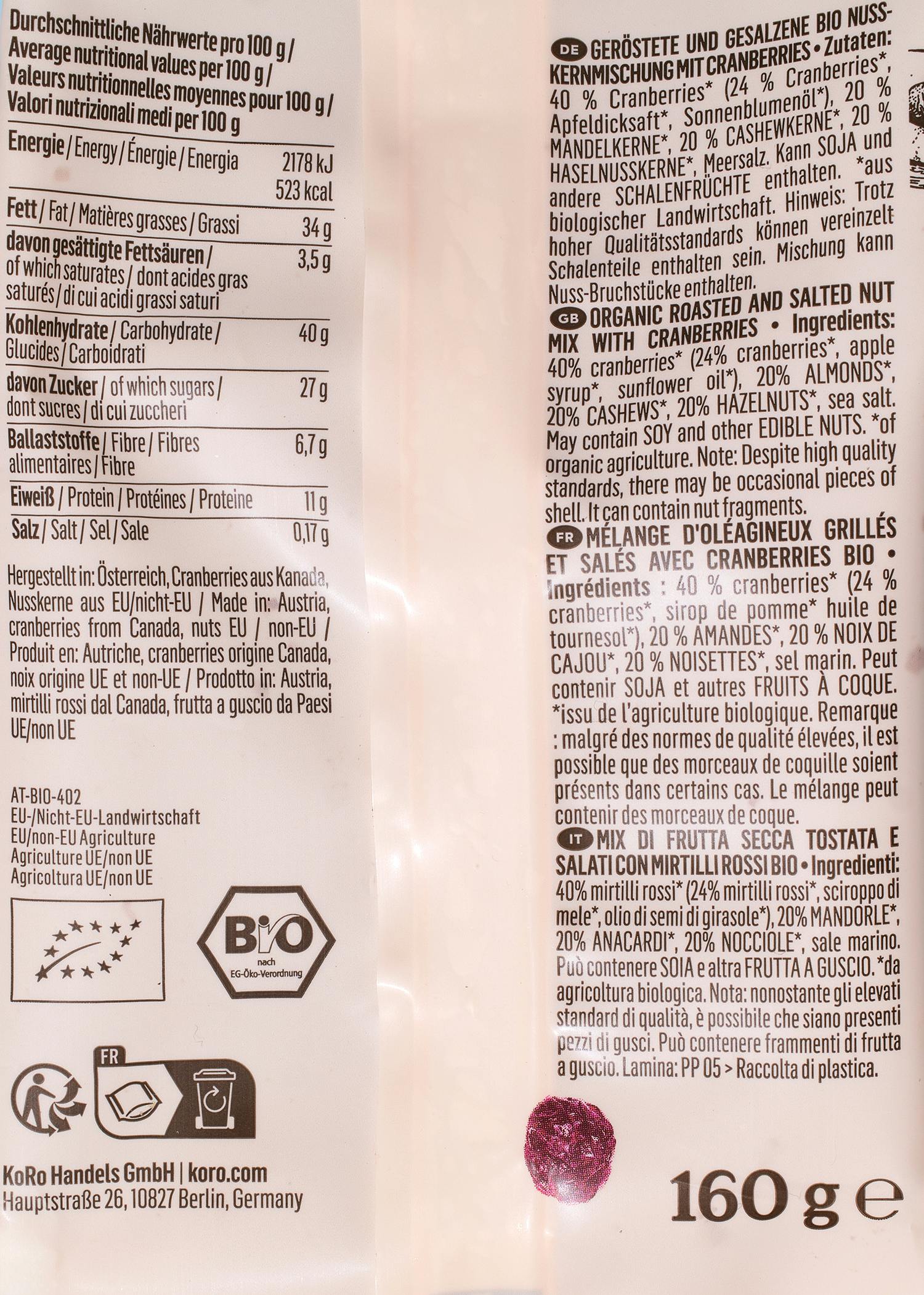 Geröstetes Bio Studentenfutter mit Cranberrys und Mandeln 160 g