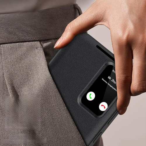 Samsung Galaxy S25 Ultra Leder Hülle Small Window View Flip Case Litchi Look- Schwarz