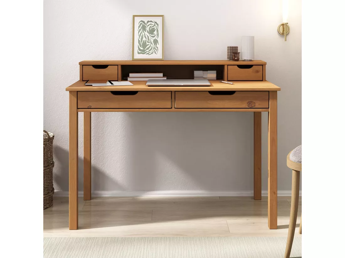 Bureau RAUL L 114 cm en bois massif coloris chêne avec quatre tiroirs et une niche réhausse écran intégrée