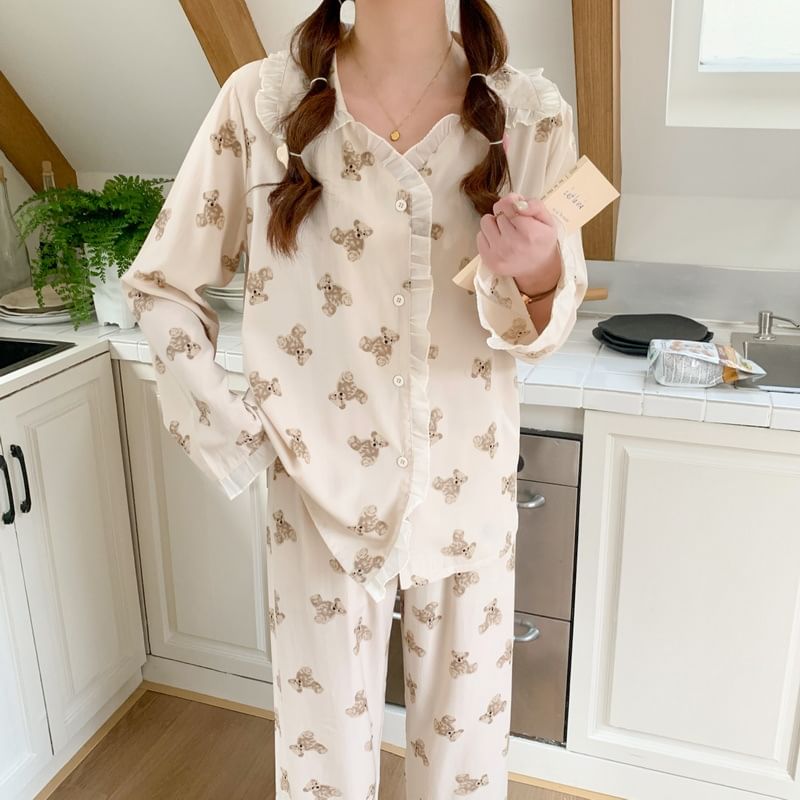 Sadelle - Koppel bijpassende pyjamaset met lange mouwen en berenprint