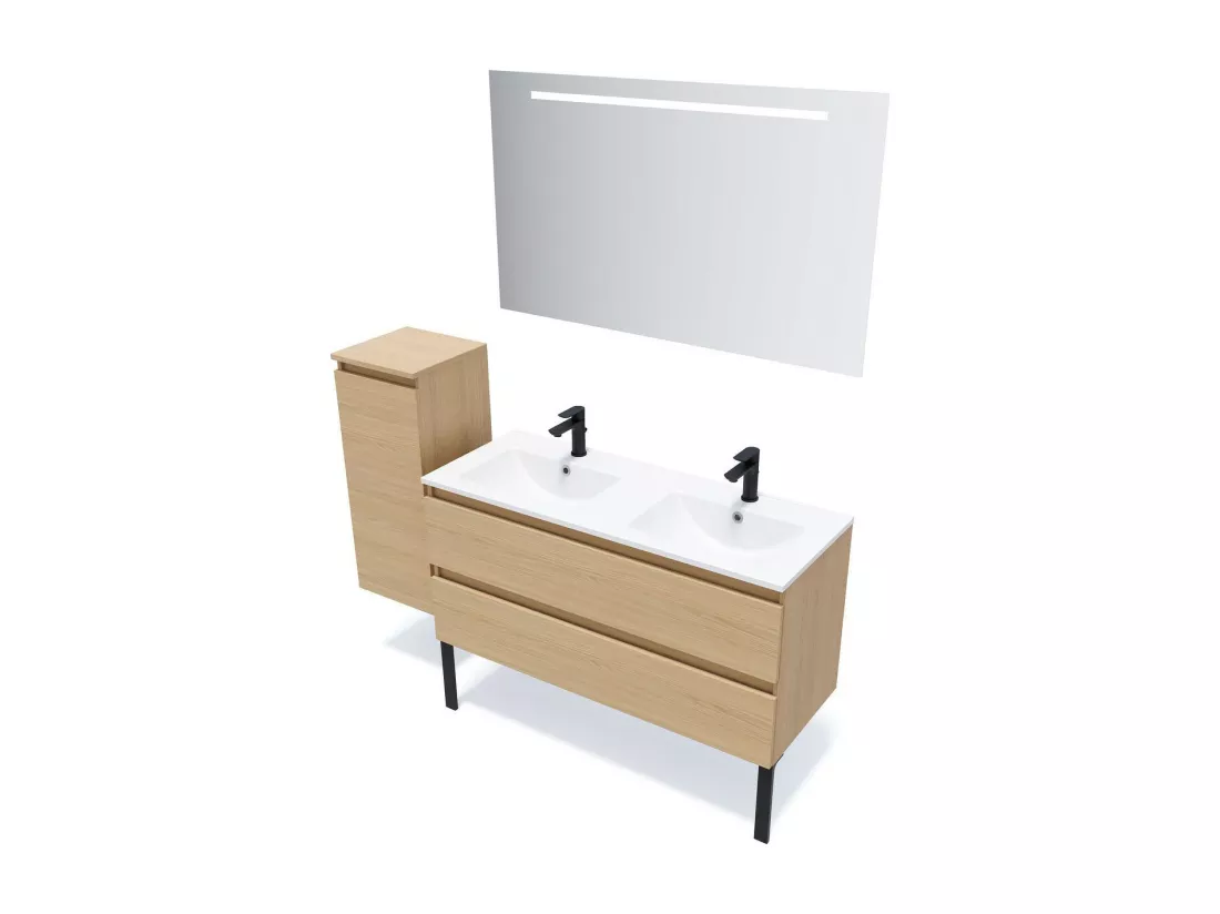 Meuble de salle de bain suspendu double vasque intégrée 120cm 2 tiroirs Chêne clair - Hudson